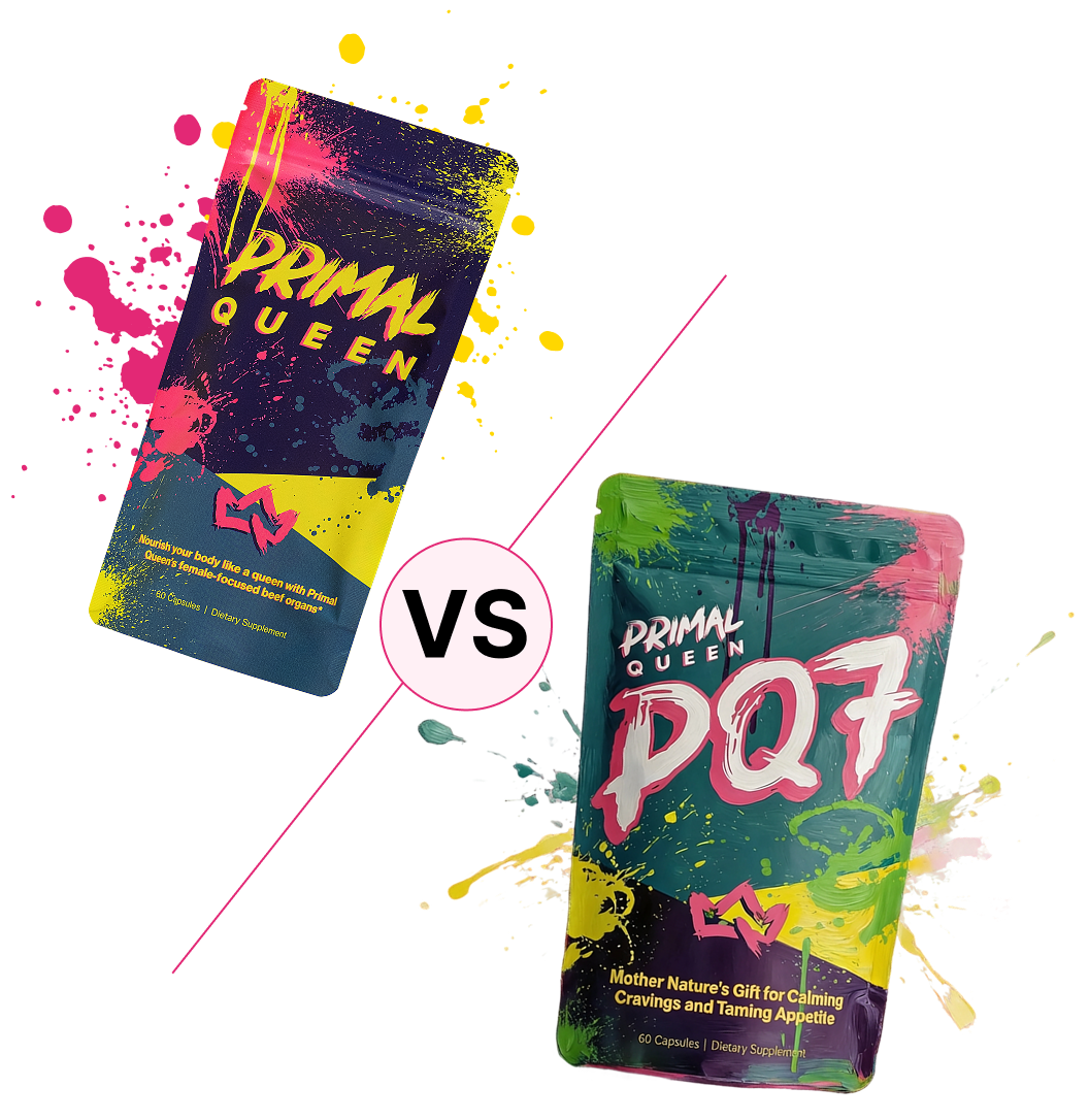 Two packages of Primal Queen products with colorful splashes on a white background