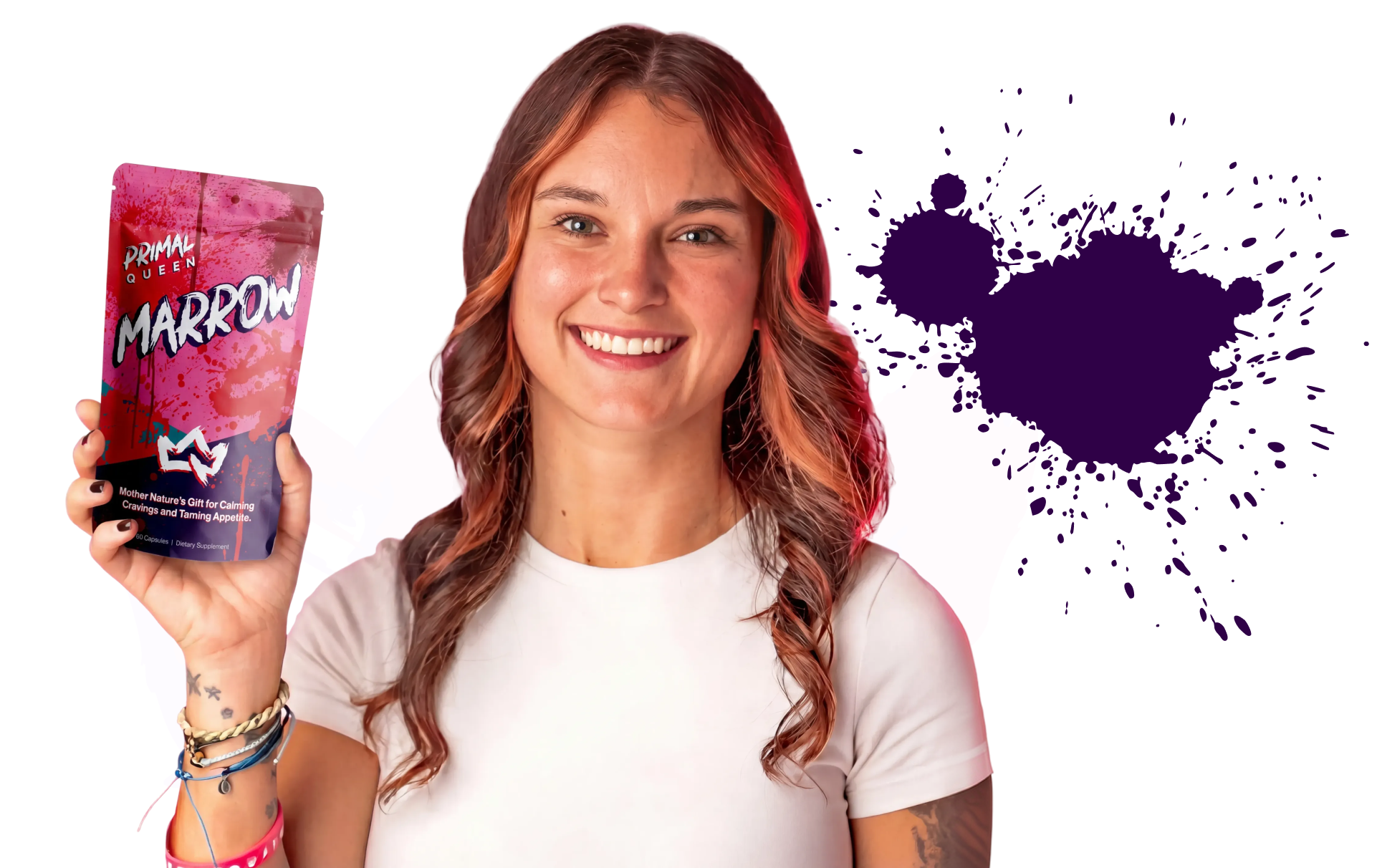 Woman smiling and holding a pouch of Primal Queen MARROW