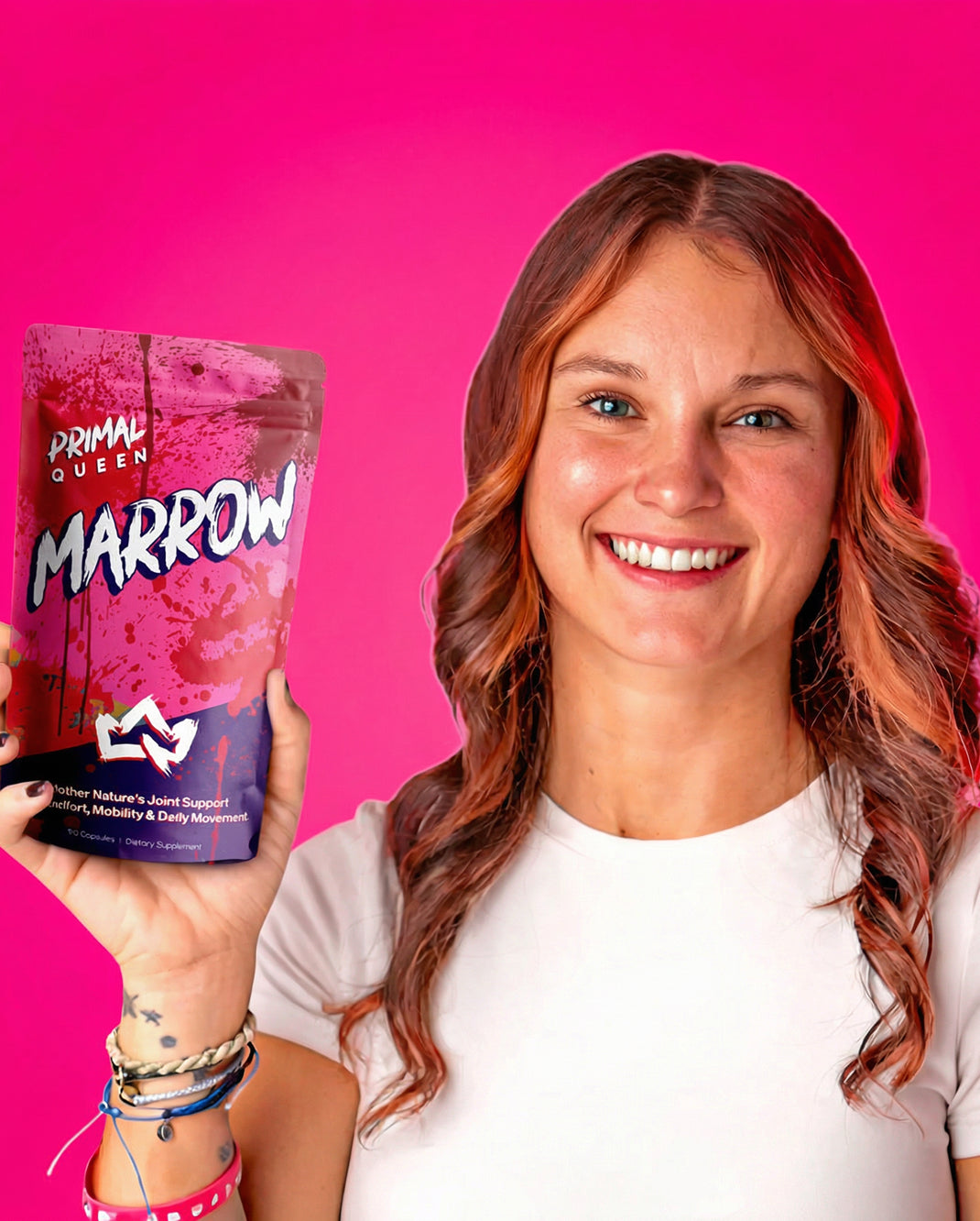 Shelby smiling and holding a pouch of Primal Queen Marrow