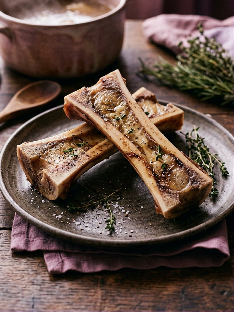 Roasted marrow bones on a plate with fresh herbs