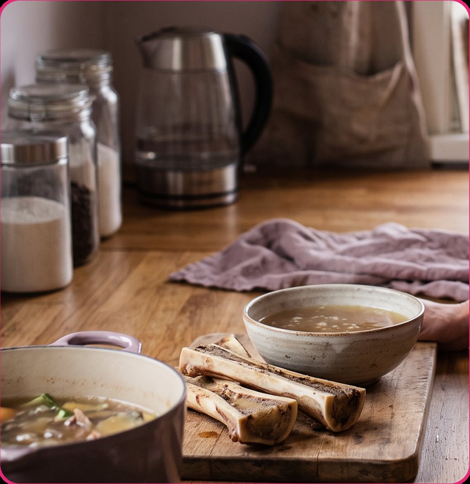 A bowl of bone broth on a wooden board in a sunlit kitchen