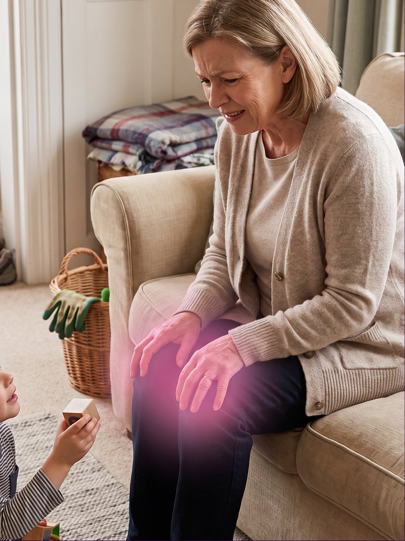 An older woman sitting in an armchair holding her aching knee while a child reaches out to her