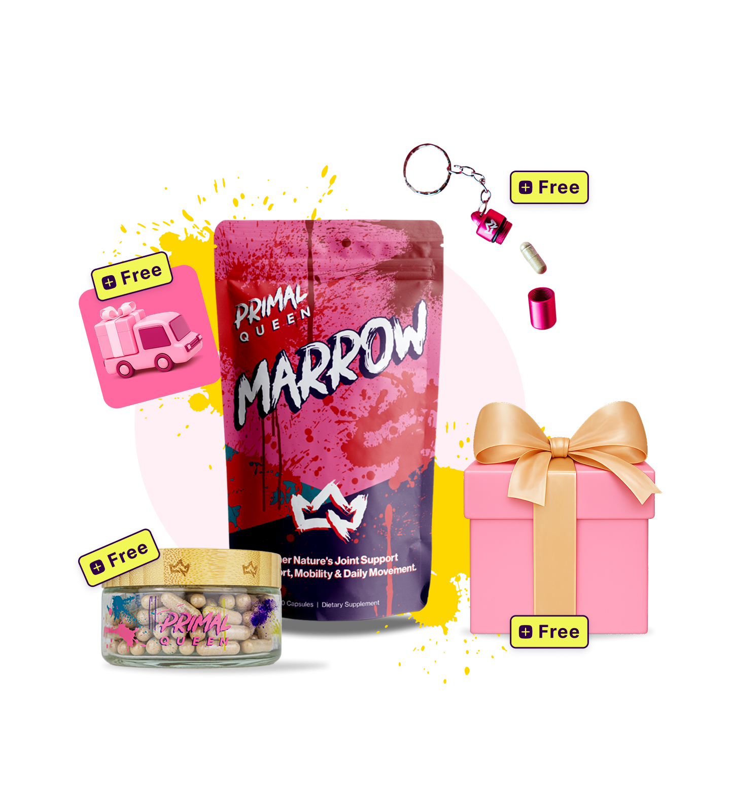 A Marrow pouch with the free keychain, glass jar, travel pill case and gift box that ship with a first order