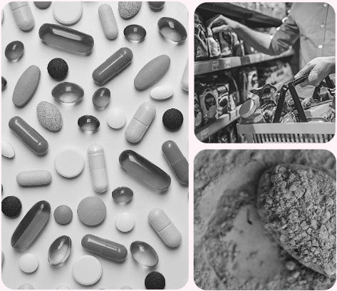 Collage of pills, grocery aisle, and woman with headache.