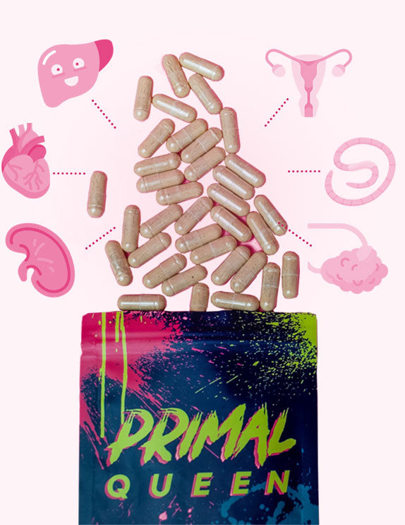 Supplement capsules with colorful packaging, featuring illustrations of organs and 'Primal Queen' text.
