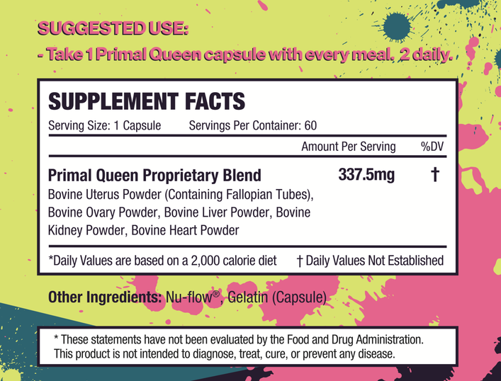 Supplement facts label for Primal Queen capsules with ingredients and usage instructions.
