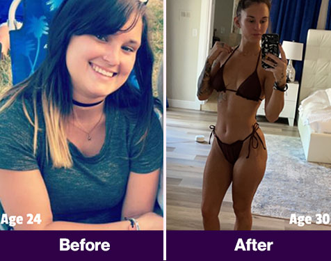 Side-by-side comparison of a woman at ages 24 and 30, showing physical transformation.