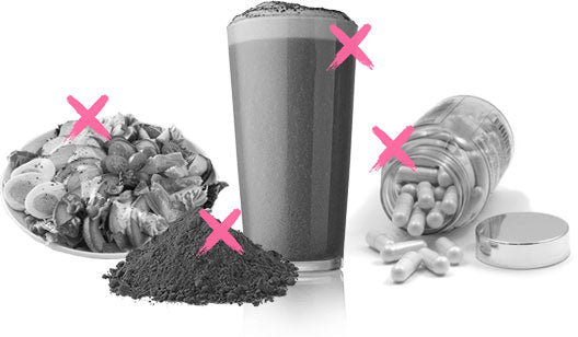 Black and white image of salad, powder, drink, and capsules with pink X marks.