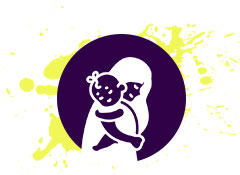 Silhouette of a woman holding a baby against a yellow splatter background.